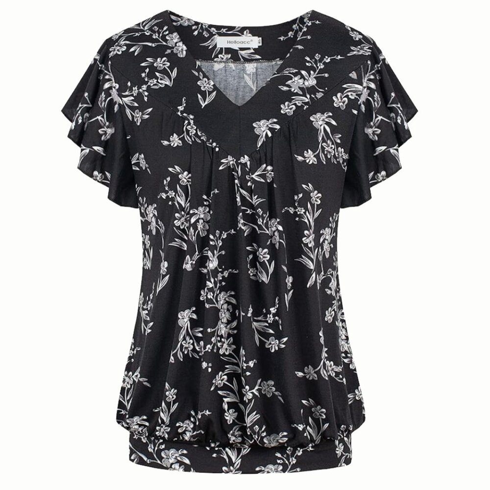 Womens V Neck Short Ruffled Cap Sleeves Banded Hem